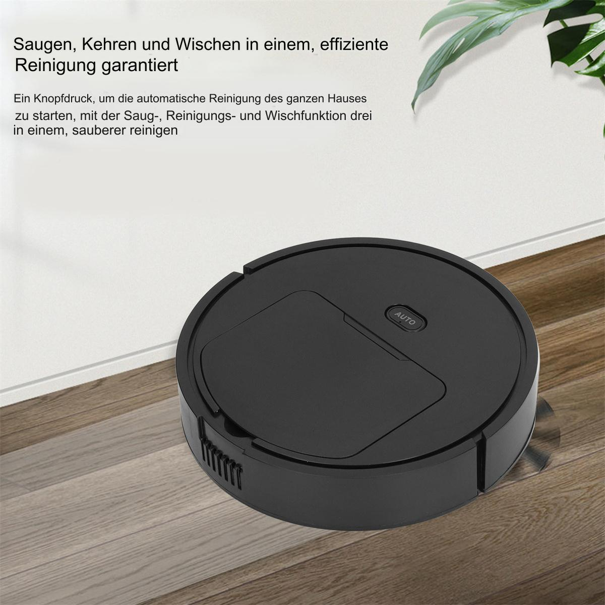Schwarzer Roboter-Staubsauger auf einem Holzboden. Text über die Reinigung wird darüber angezeigt.