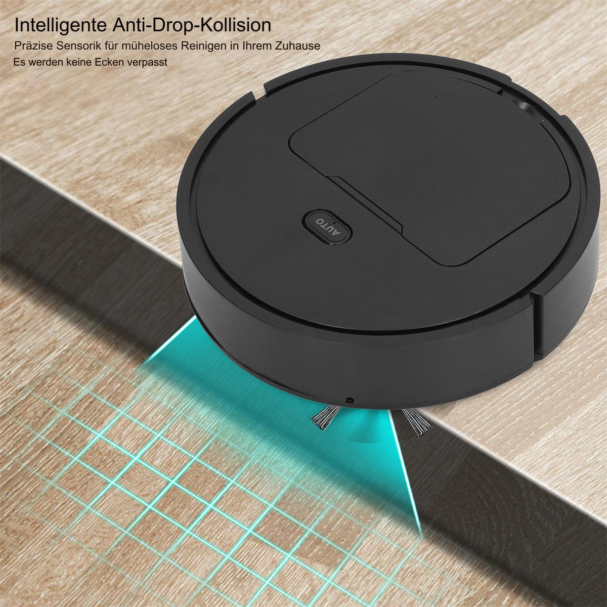 Roboter-Staubsauger auf Holzboden, mit blauem Licht.