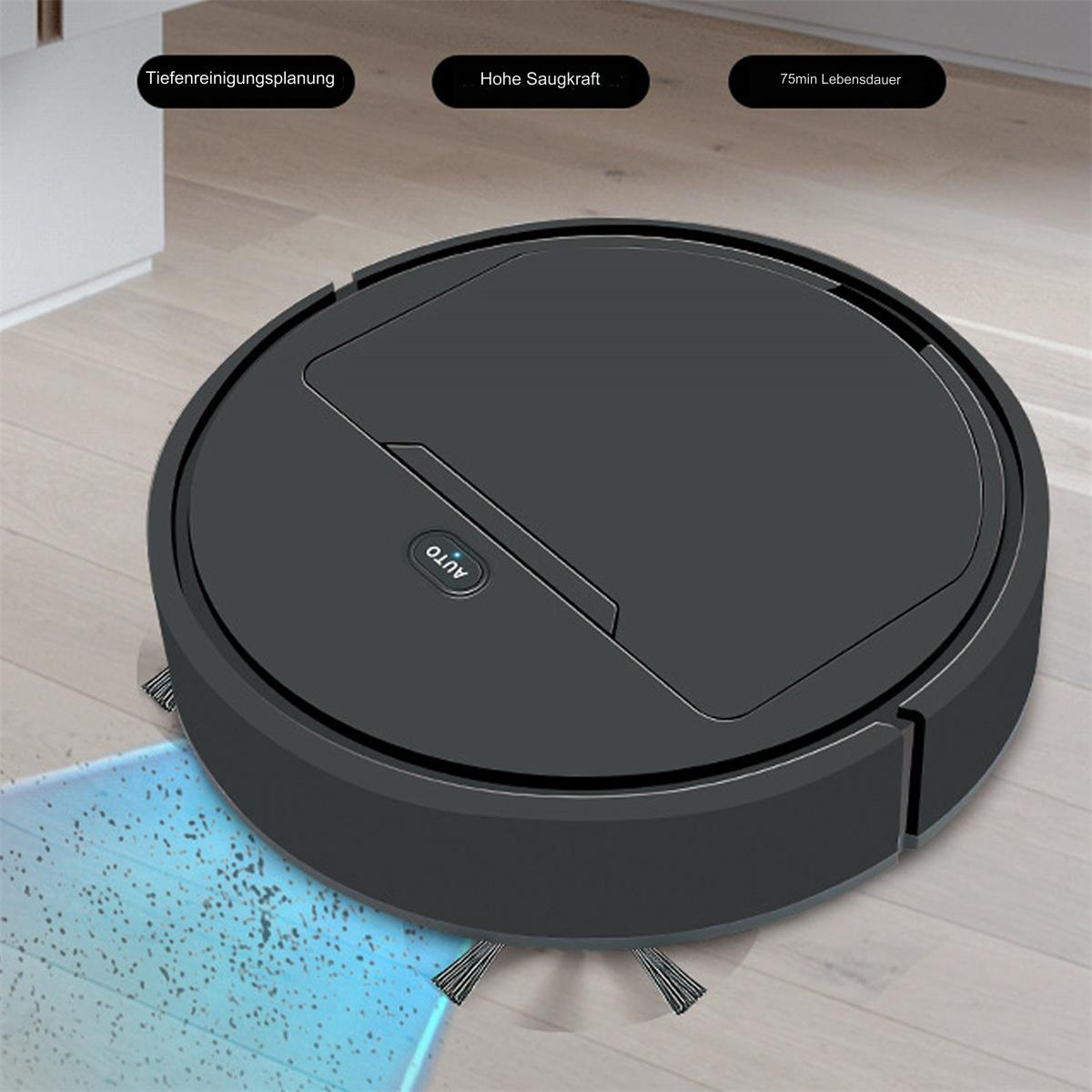 Ein schwarzer Roboter-Staubsauger auf einem Holzboden. Text: 'Tiefenreinigungsplanung', 'Hohe Saugkraft'.