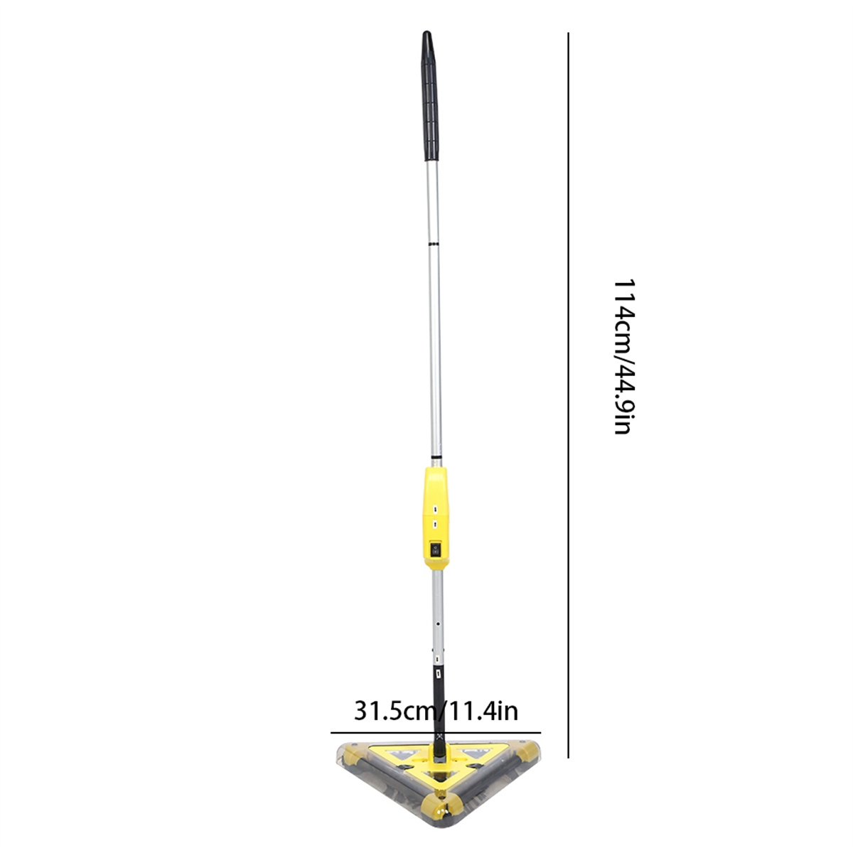Ein gelb-schwarzer dreieckiger Mopp mit langem Stiel. Abmessungen stehen an der Seite: 114cm/44.9in.