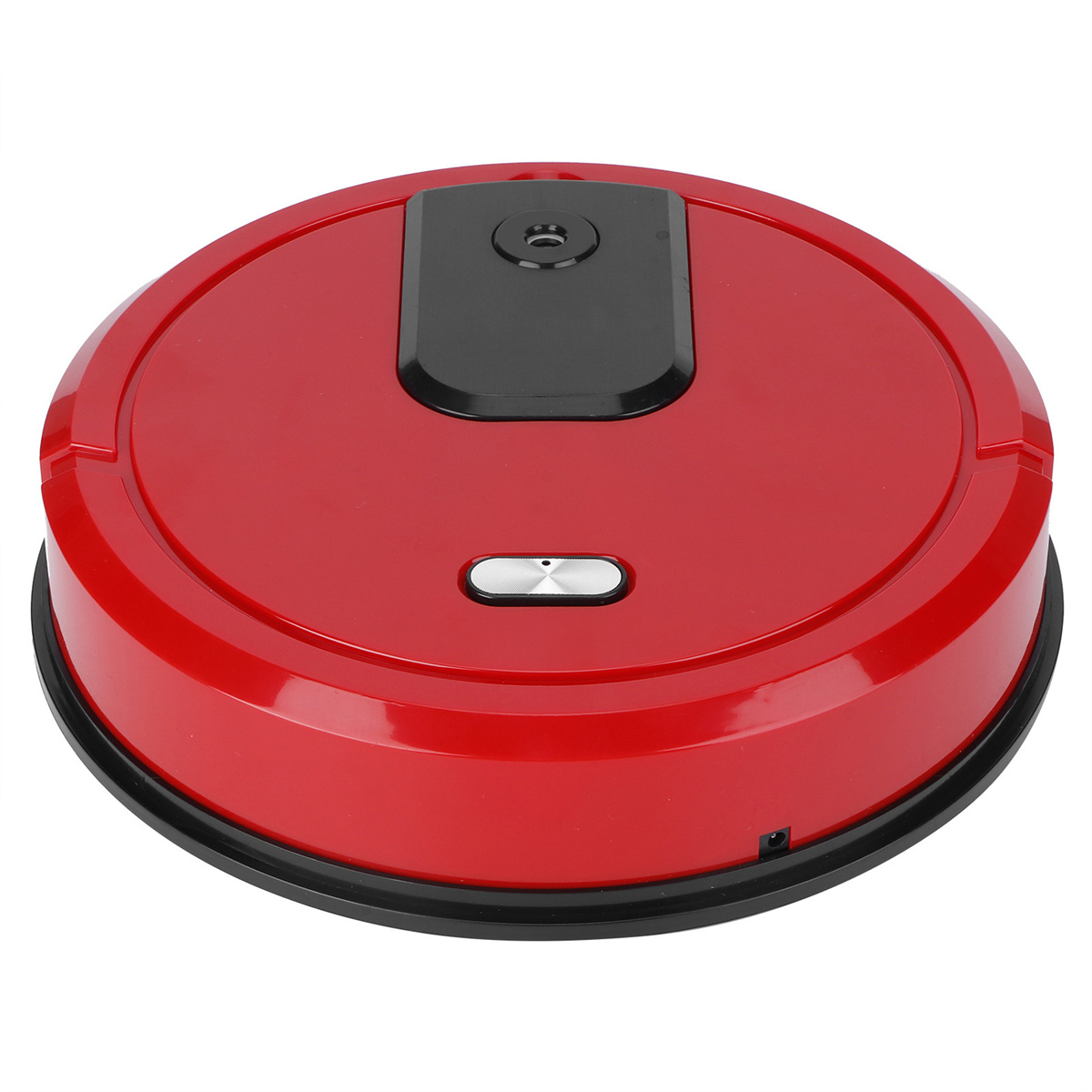 Ein roter Roboterstaubsauger. Es hat eine schwarze Oberseite und einen silbernen Knopf. Weißer Hintergrund.