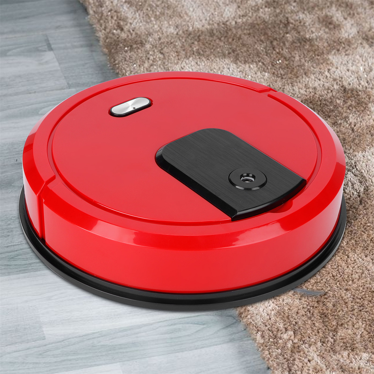 Roter Roboter-Staubsauger auf hellem Boden, in der Nähe eines gemusterten Teppichs.