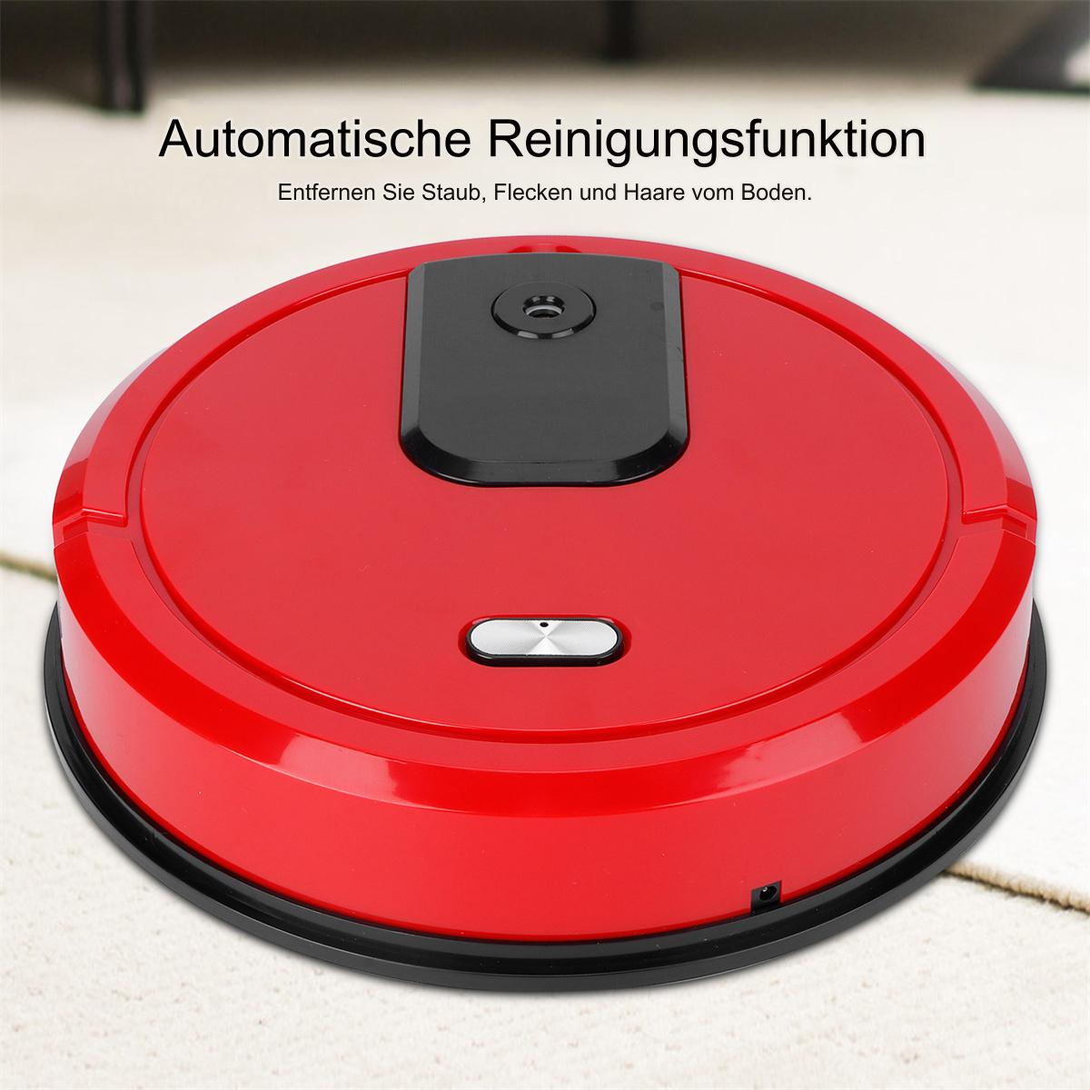 Roter Roboter-Staubsauger auf einem hellen Teppich, schwarze Oberseite und ein weißer Knopf.