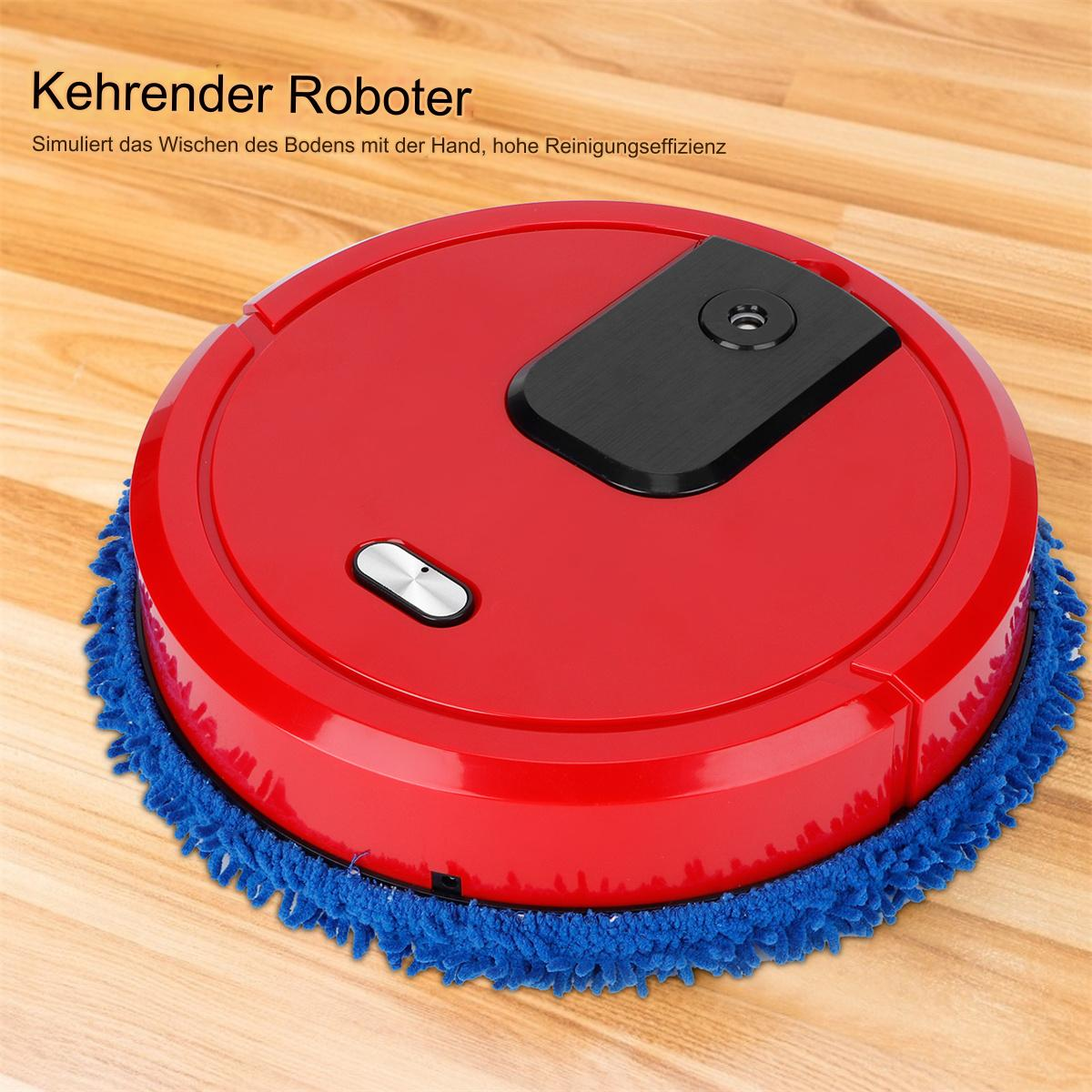 Roter, runder Roboter-Staubsauger auf einem Holzboden, mit blauem Fransenrand. Oberseite zeigt ein schwarzes Bedienfeld.