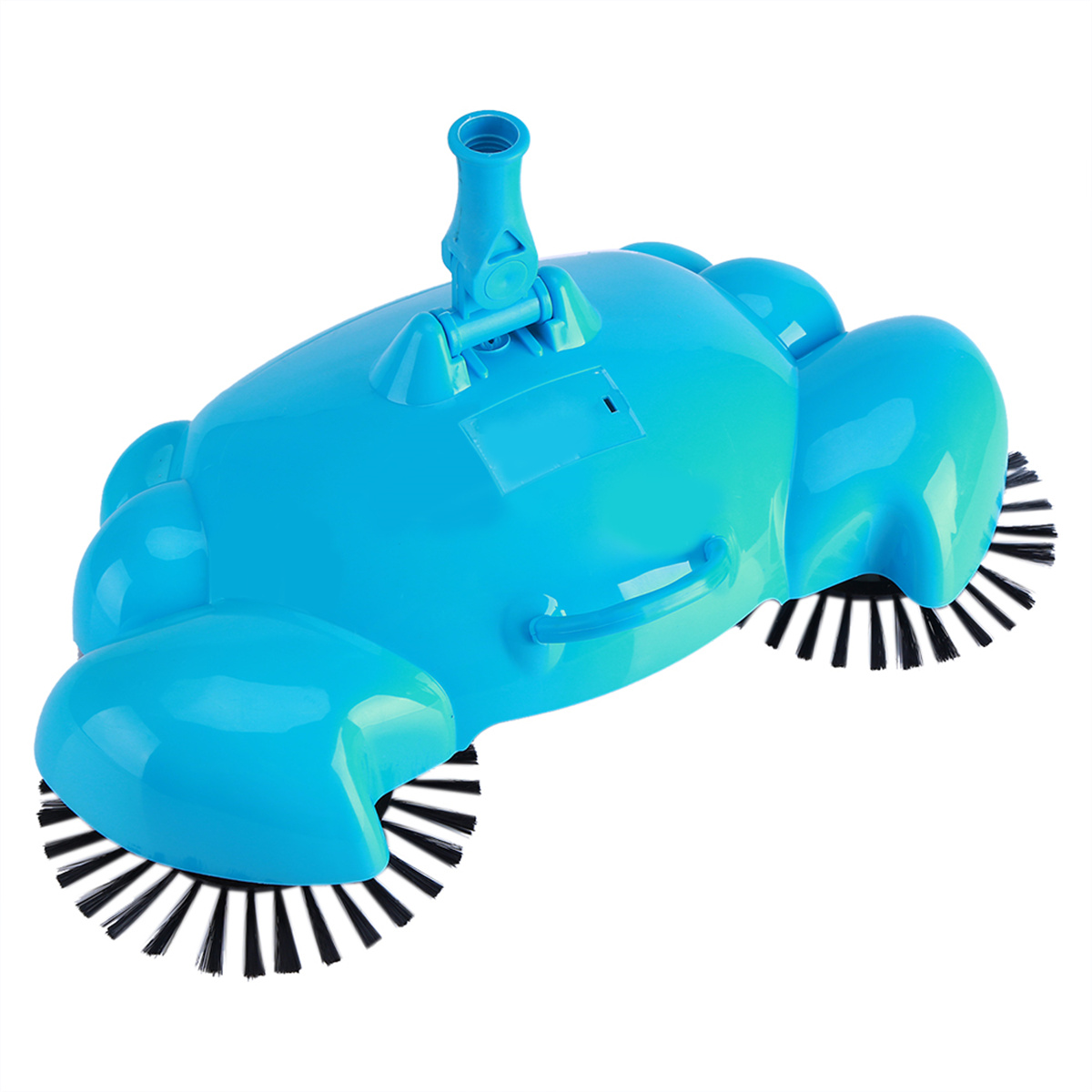 Blauer Roboter-Staubsauger mit zwei rotierenden Bürsten und einem Griff auf weißem Hintergrund.