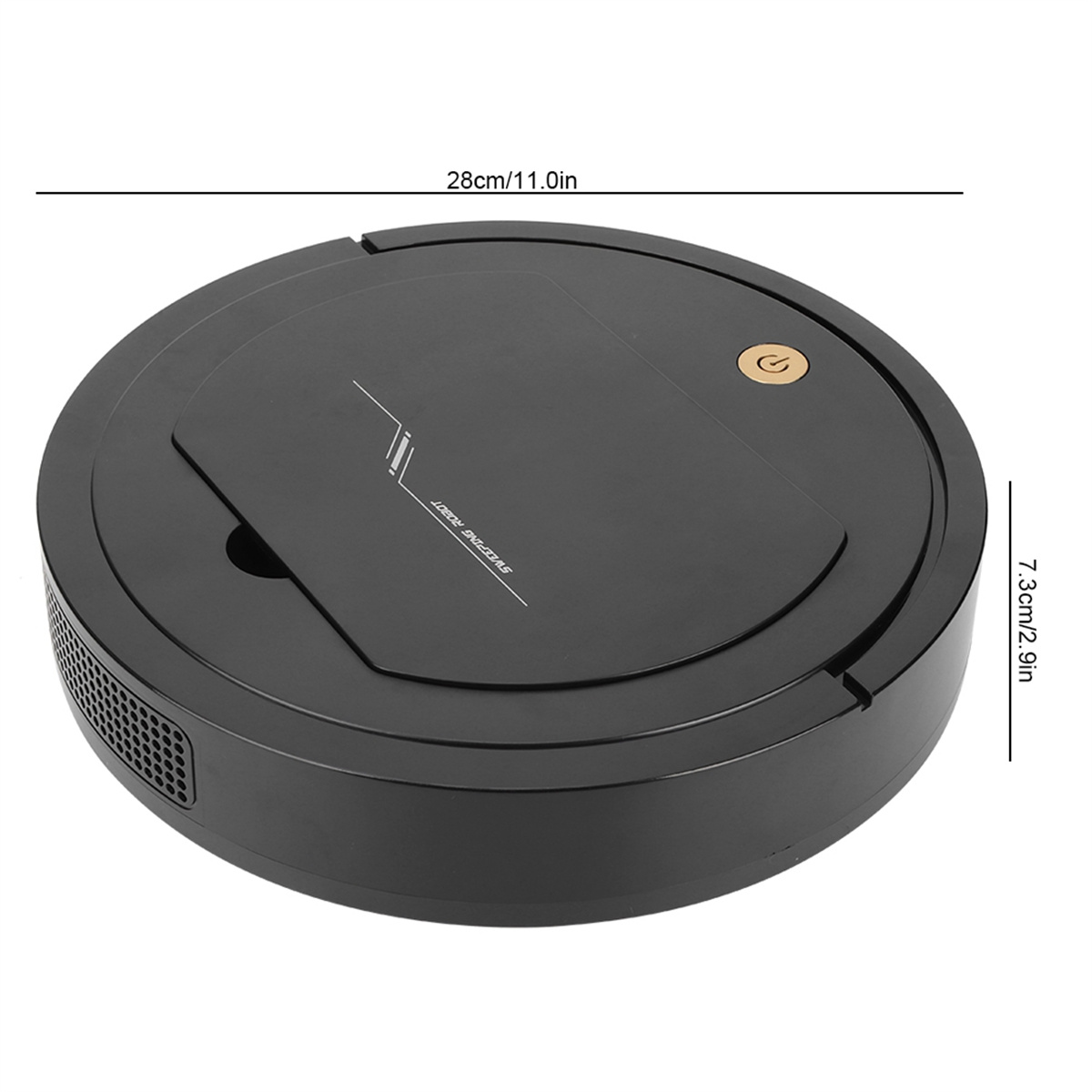 Ein schwarzer Roboter-Staubsauger mit Abmessungen.