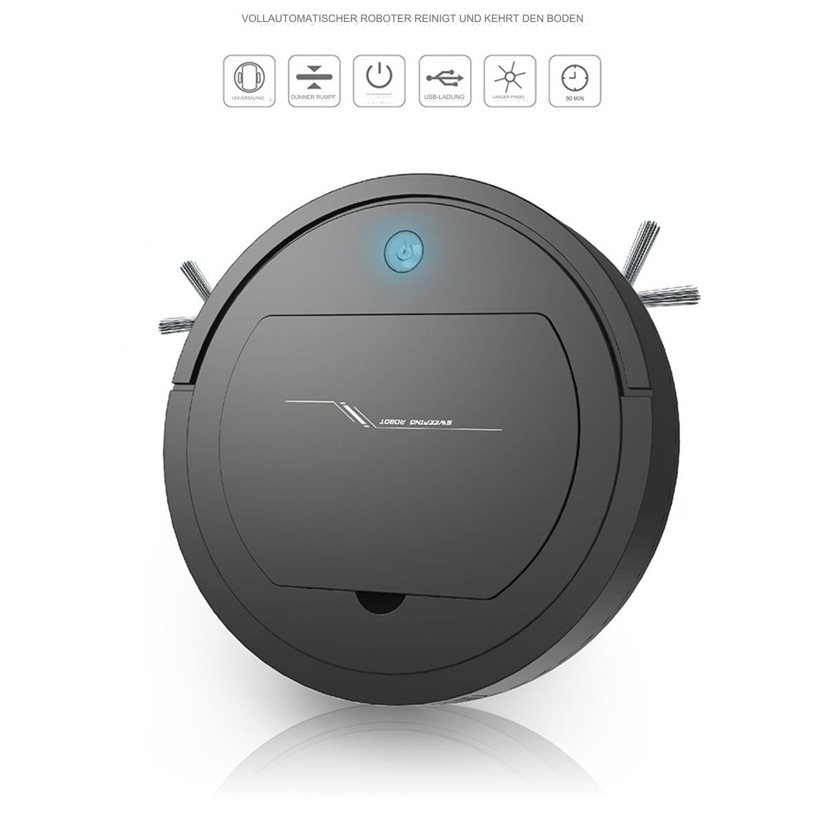 Ein schwarzer Roboter-Staubsauger. Draufsicht zeigt das Design und die Bedienelemente.