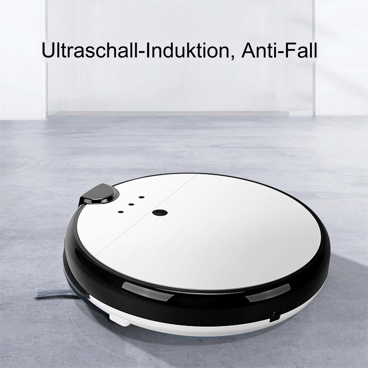 Ein runder, weiß-schwarzer Roboterstaubsauger auf grauem Boden, mit dem Text 'Ultraschall-Induktion, Anti-Fall' darüber.