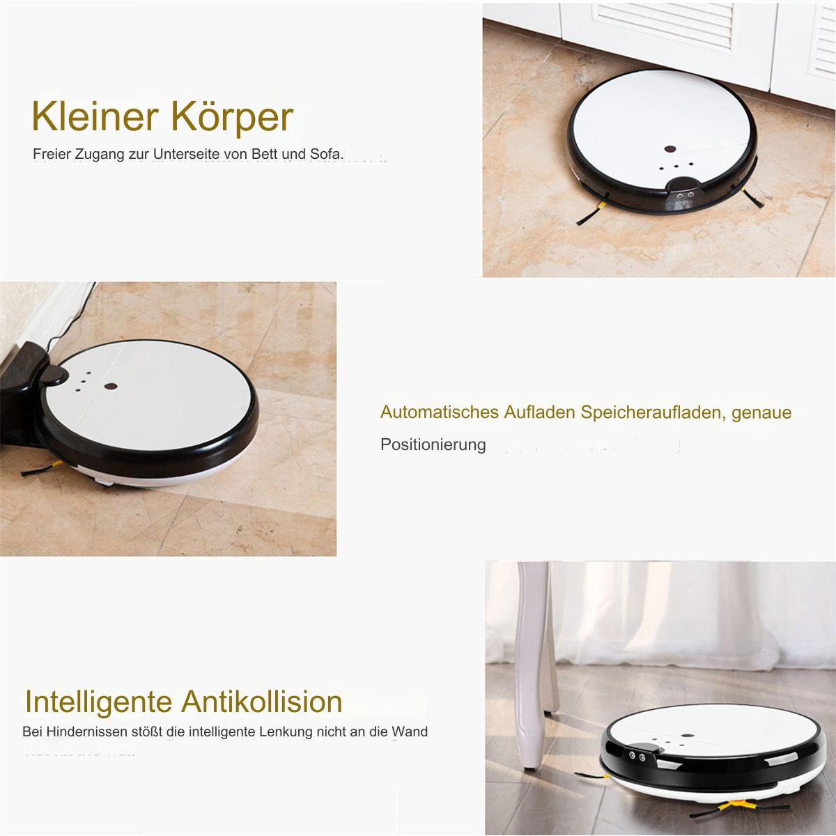 Eine Collage von Bildern, die einen Roboter-Staubsauger auf verschiedenen Oberflächen zeigen.