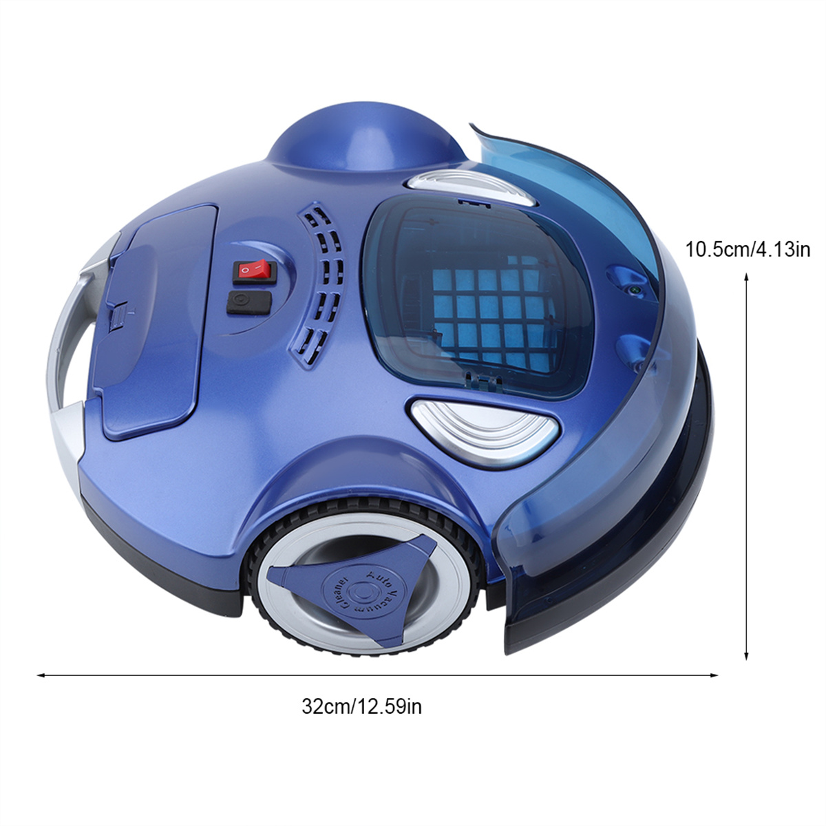 Ein blauer, rund geformter Roboter-Staubsauger mit Maßangaben.