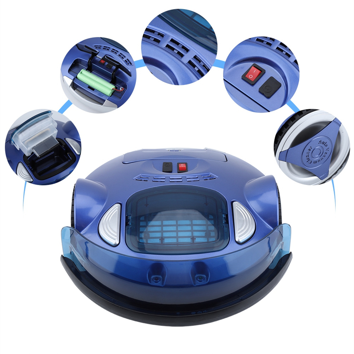 Ein Roboter-Staubsauger mit mehreren Nahaufnahmen, die die Batterie, die Bedienelemente und die inneren Komponenten zeigen.