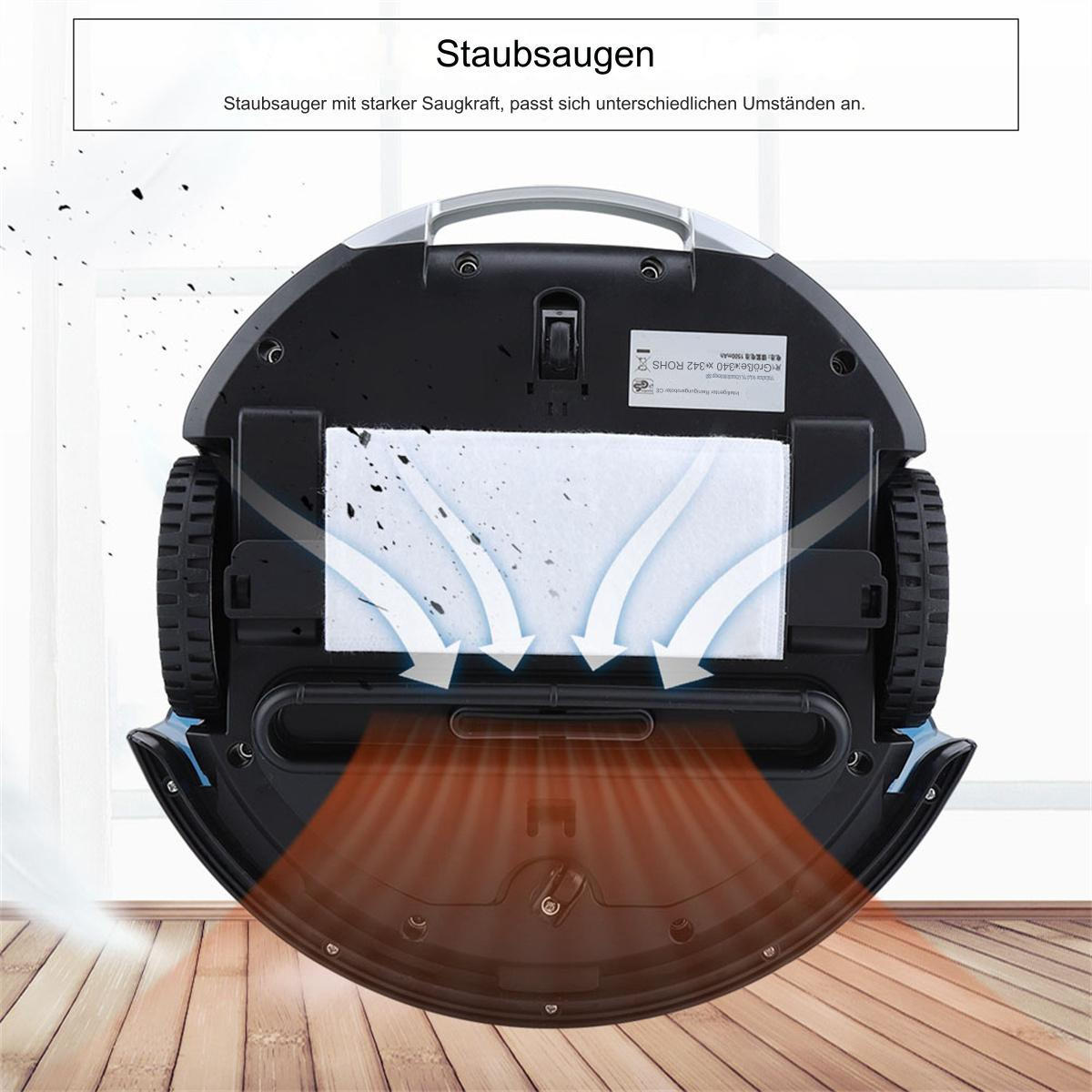 Die Unterseite eines Roboter-Staubsaugers mit Komponenten und Luftstromrichtungen.