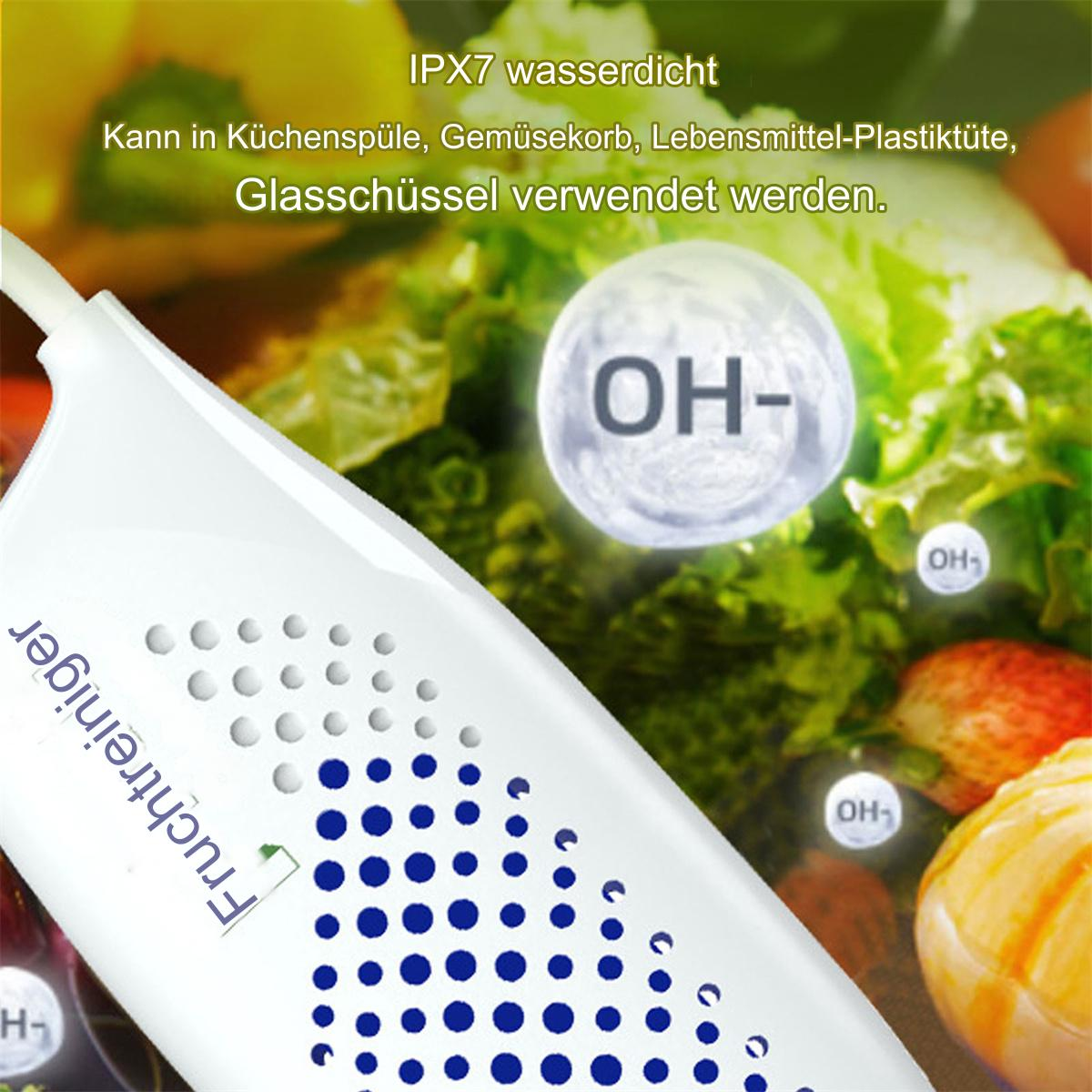Weißer Fruchtreiniger mit blauem Licht, mit Text zu seinen Anwendungen und Funktionen.