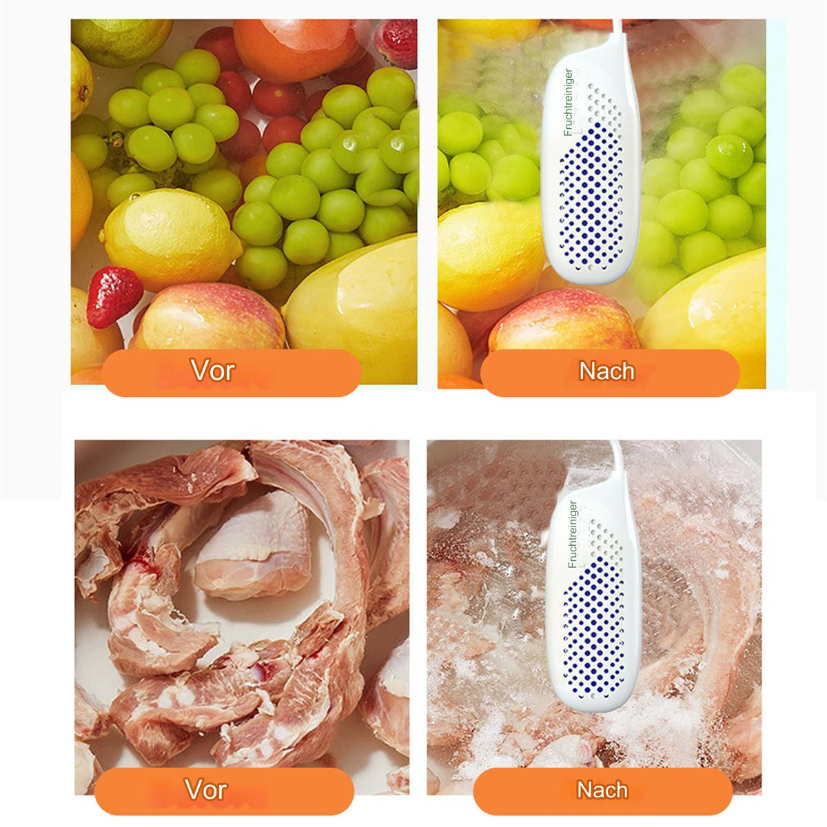 Bilder zeigen Obst und Fleisch vor und nach der Reinigung mit einem Gerät.