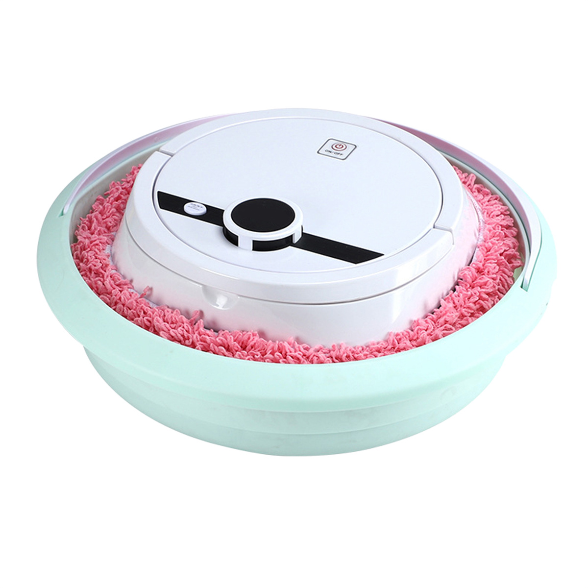 Ein weißer Roboter-Staubsauger in einem rosa-grünen Behälter.
