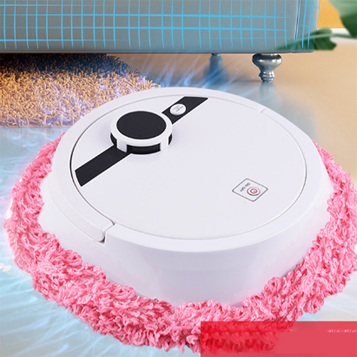 Ein weißer Roboter-Staubsauger mit rosa Mopp auf einer Oberfläche mit blauem Wassereffekt.