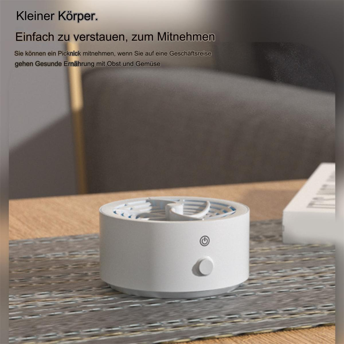 Kleiner, weißer, zylindrischer Luftreiniger mit Knopf. Text auf Deutsch. Hintergrund ist ein verschwommenes Interieur.