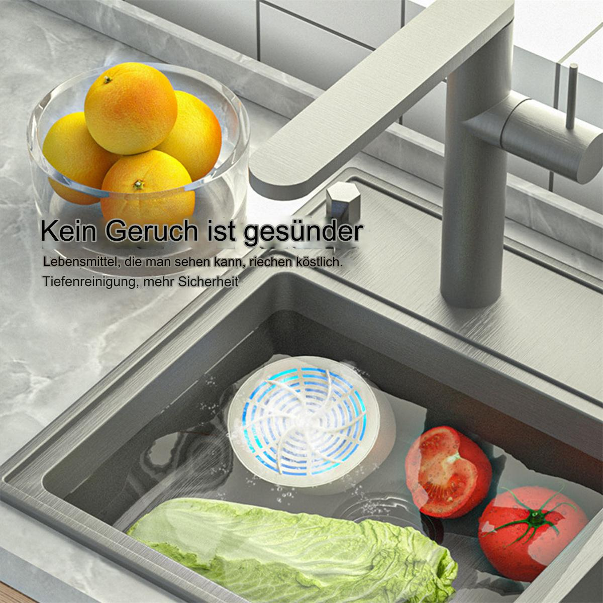 Waschbecken mit Früchten, einem Reiniger und Gemüse. Wasser fließt aus einem Wasserhahn. Text auf Deutsch.
