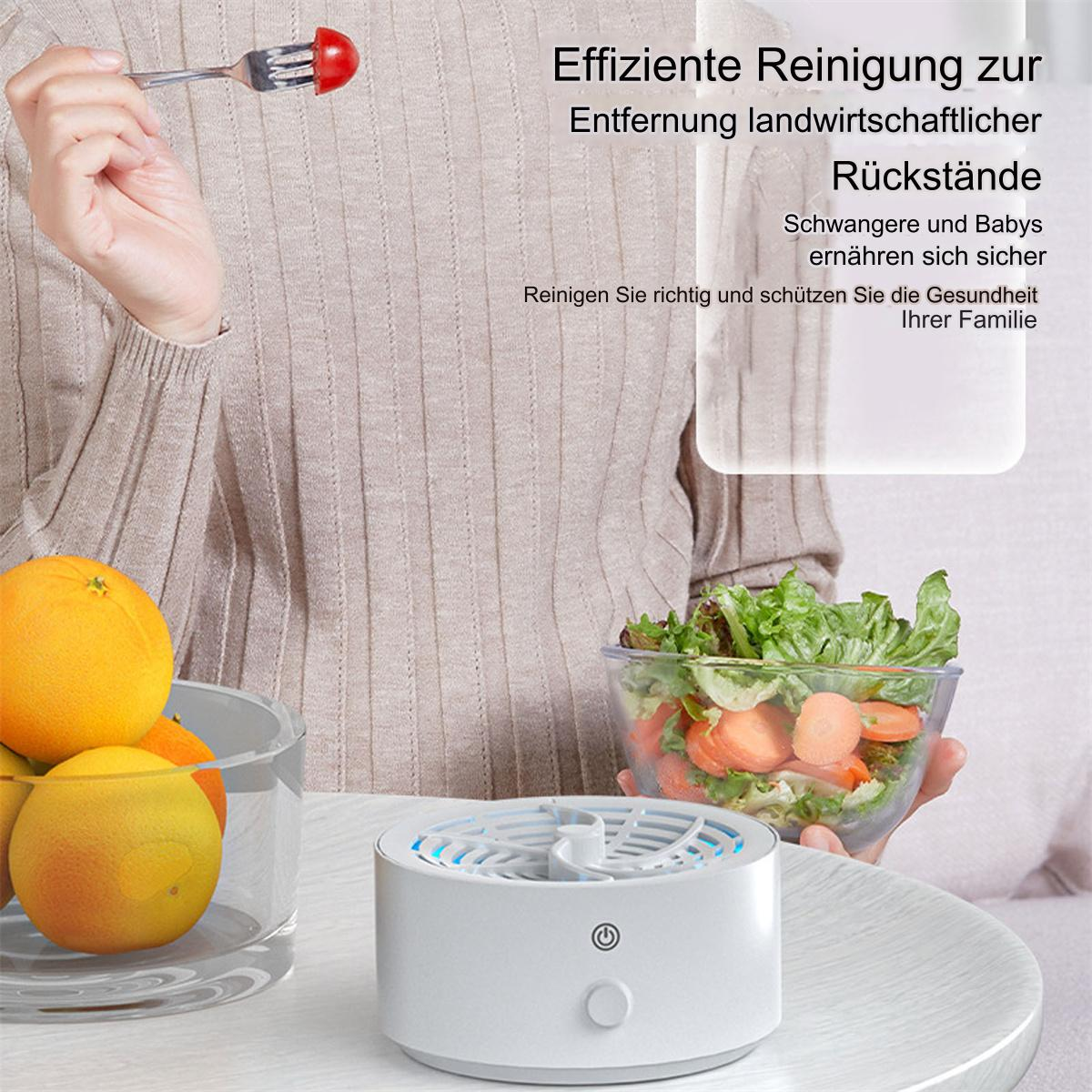 Weißes Reinigungsgerät, kleiner Salatteller, Orangen und Text über Reinigung.