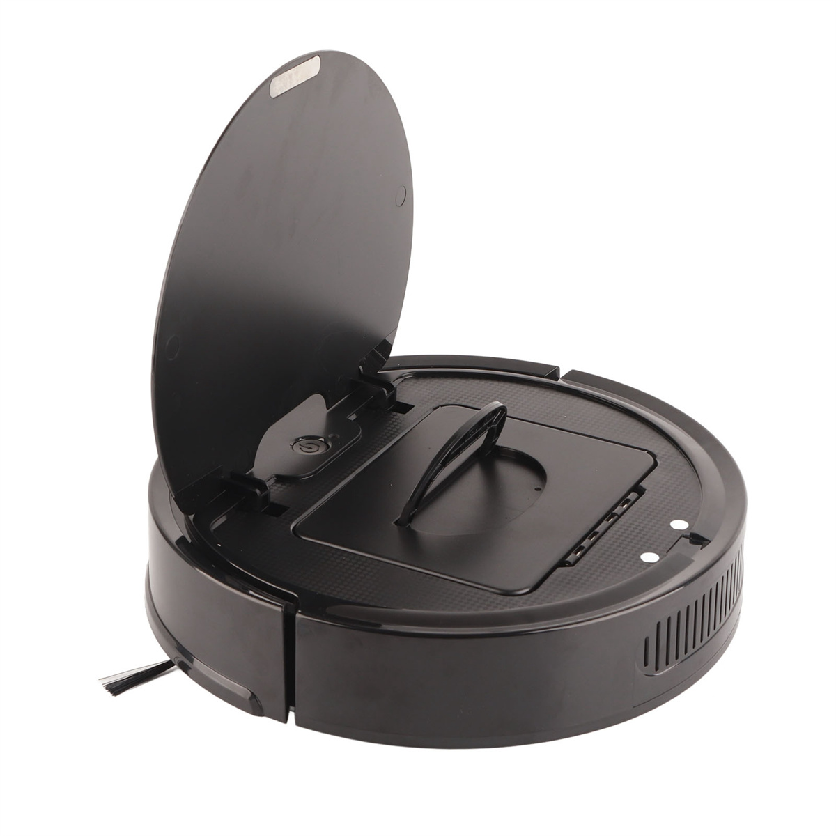 Schwarzer Roboter-Staubsauger. Die Oberseite ist geöffnet und zeigt das Staubfach. Weißer Hintergrund.