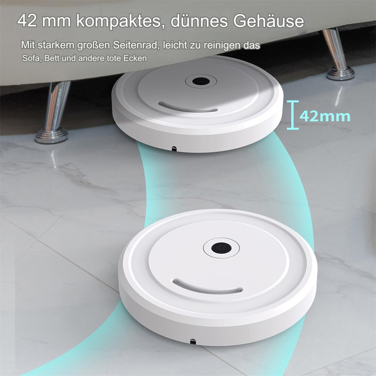 Zwei weiße Roboter-Staubsauger unter einem Sofa. Der Text lautet: '42mm kompakt'.