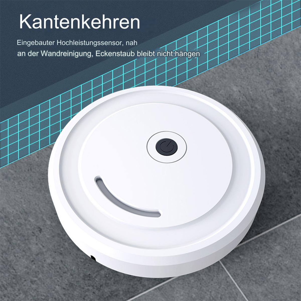 Weißer Roboter-Staubsauger auf einem Boden. Der Text 'Kantenkehren' steht über dem Gerät.