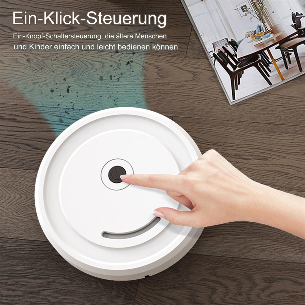 Ein weißer Roboter-Staubsauger wird auf einem Holzboden gezeigt. Eine Hand berührt den Ein- / Ausschalter.