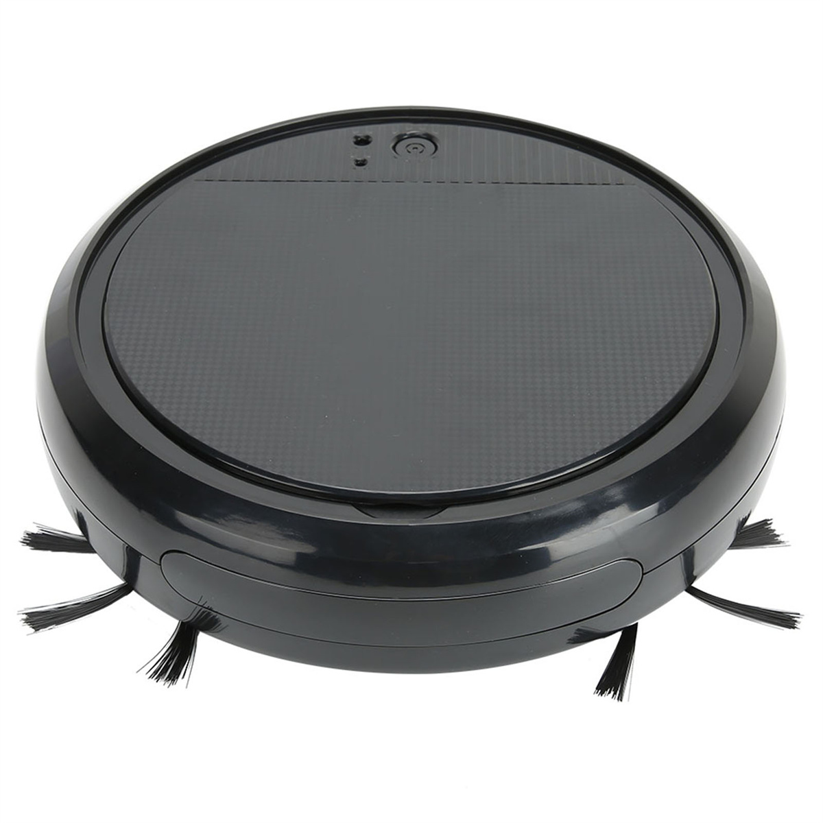 Schwarzer Roboter-Staubsauger. Rund mit Bürsten an der Seite. Oberseite hat ein strukturiertes Muster und zwei Lichter.