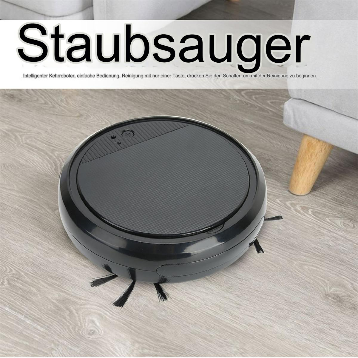 Schwarzer Roboter-Staubsauger auf einem Holzboden, mit Text darüber.