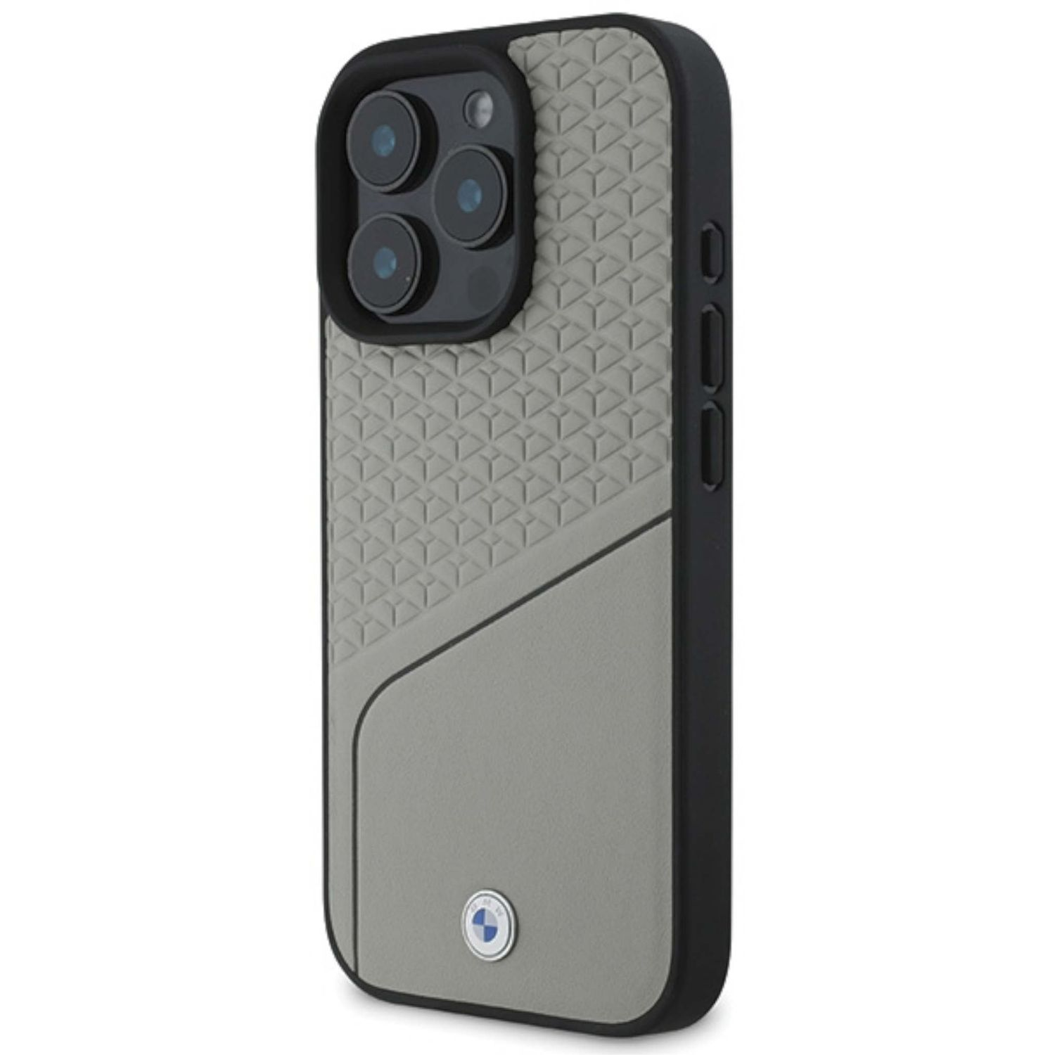 Eine iPhone-Hülle mit einem grauen und schwarzen geometrischen Muster. Das BMW-Logo ist sichtbar.