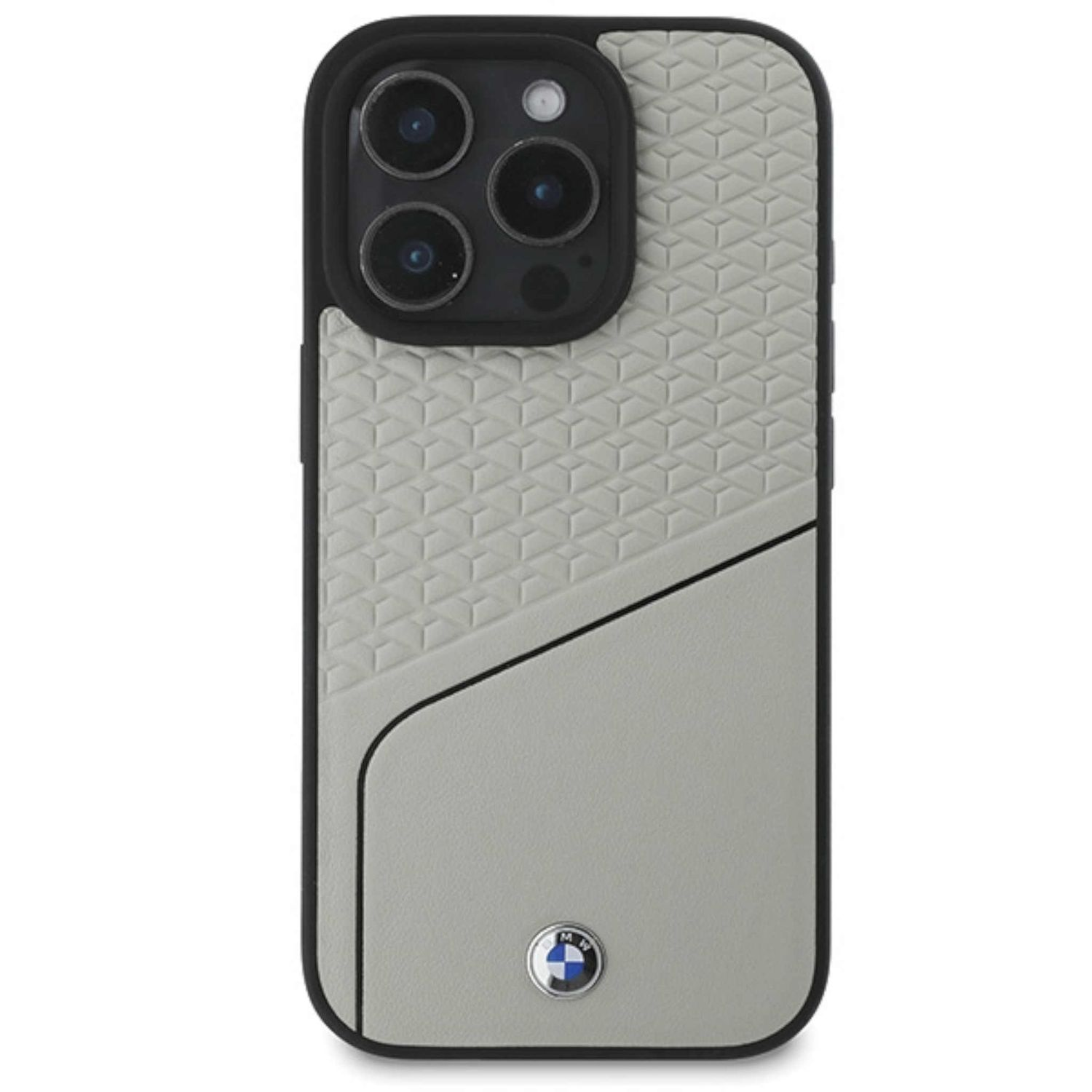 Eine Handyhülle mit BMW-Logo. Sie hat ein grau-schwarzes Design, und die Kamera des Telefons ist sichtbar.