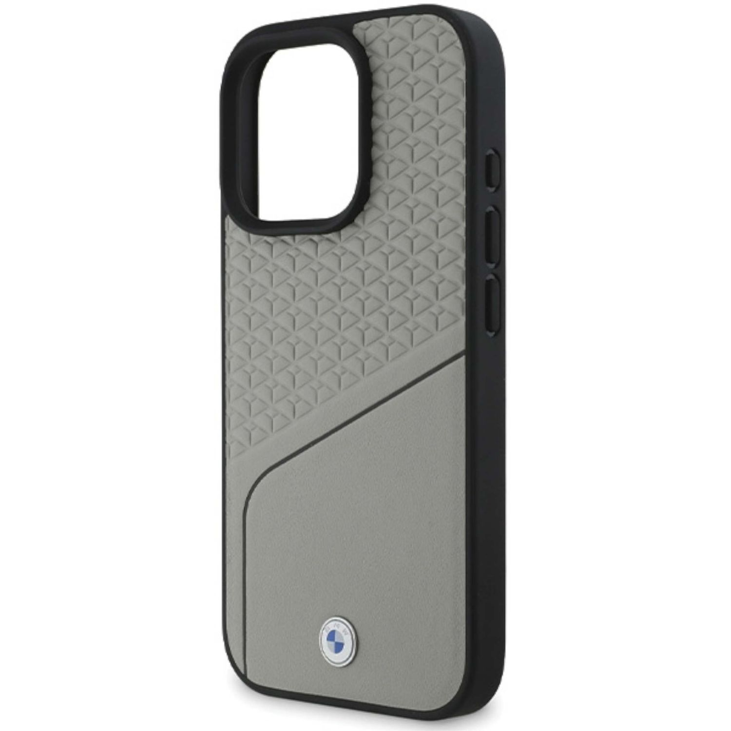 Graue und schwarze Handyhülle mit geometrischem Muster und BMW-Logo.