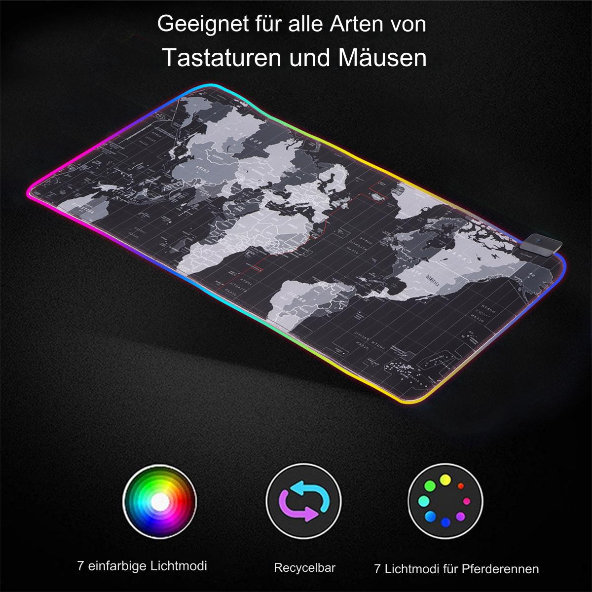 Ein Mauspad mit Weltkartendesign, farbigen Kanten und Symbolen auf schwarzem Hintergrund.