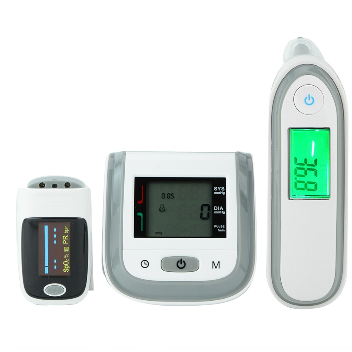 Drei medizinische Geräte: ein Pulsoximeter, ein Blutdruckmessgerät und ein Thermometer.