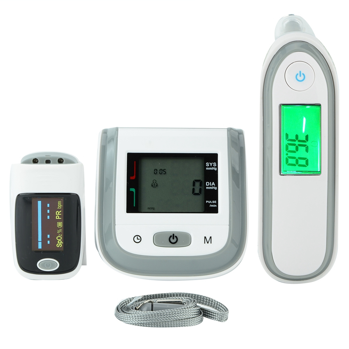 Ein Set medizinischer Geräte: Pulsoximeter, Blutdruckmessgerät und ein digitales Thermometer.