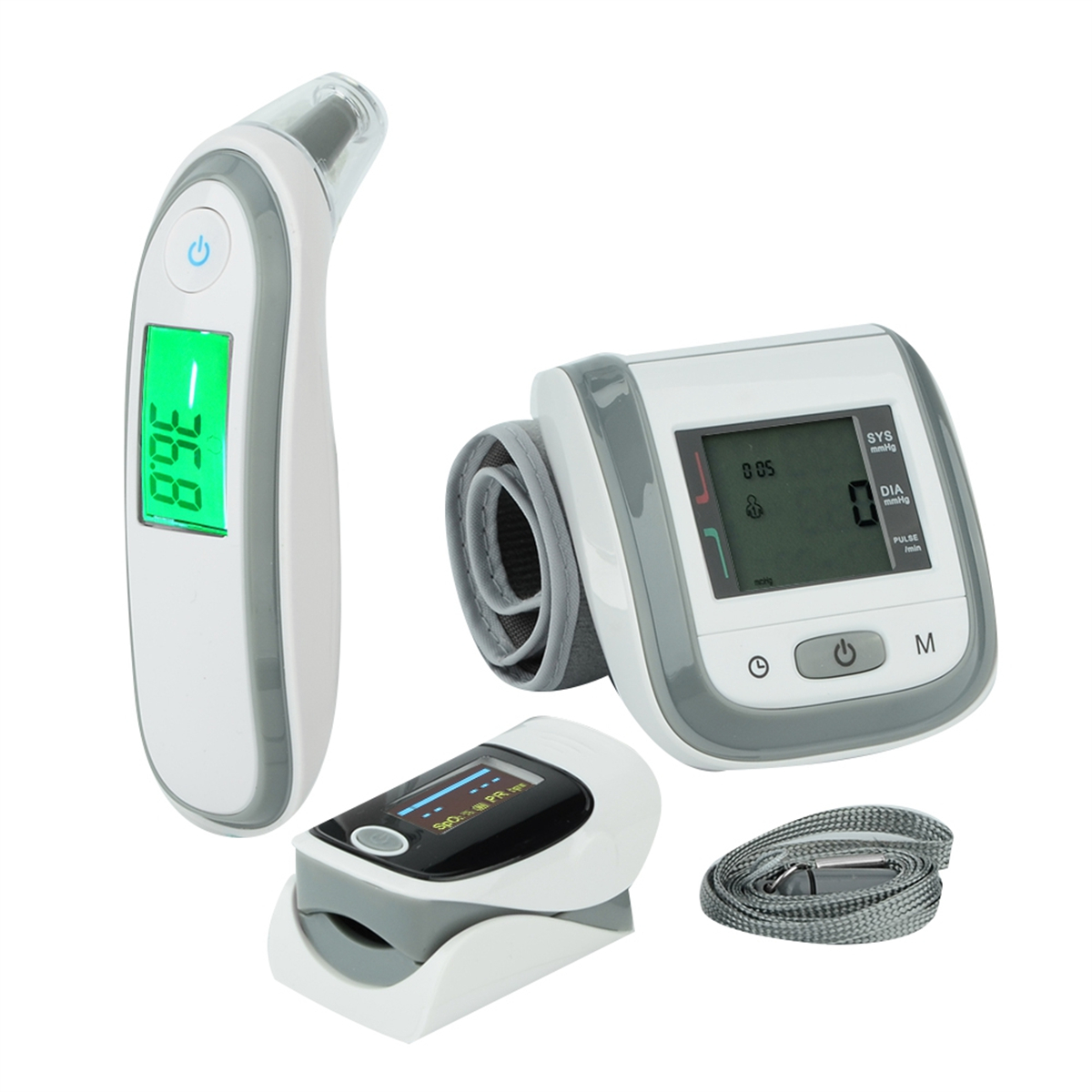 Gesundheitsüberwachungsgeräte: Thermometer, Blutdruckmessgerät und Pulsoximeter. Alles weiß und grau.