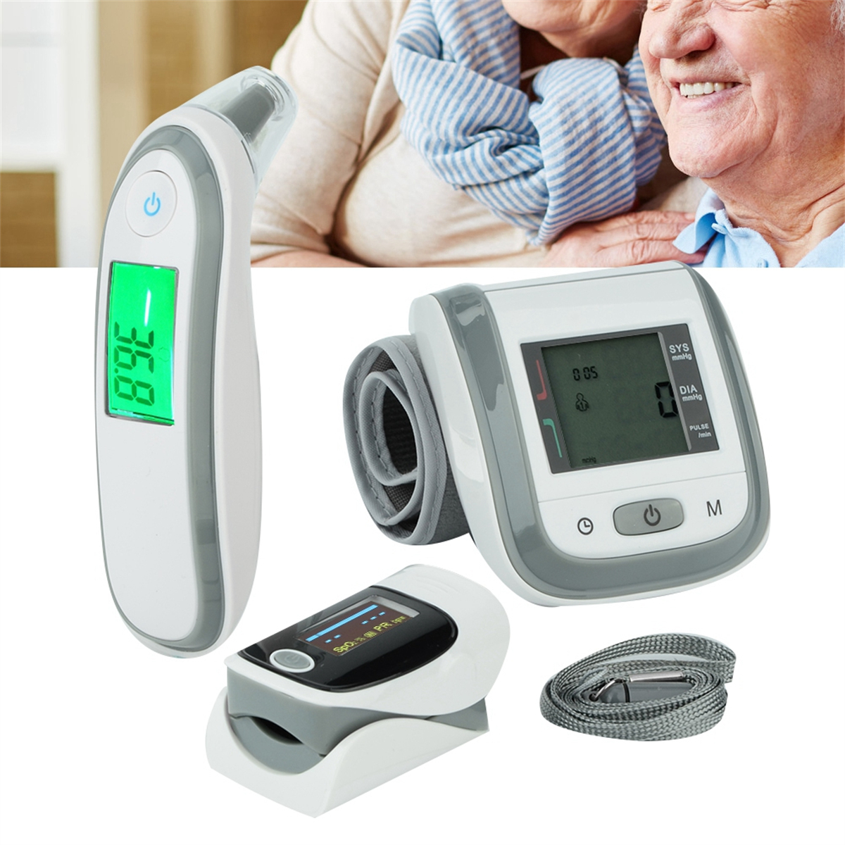 Medizinische Geräte: ein Ohrthermometer, ein Blutdruckmessgerät und ein Oximeter, plus ein Lanyard.