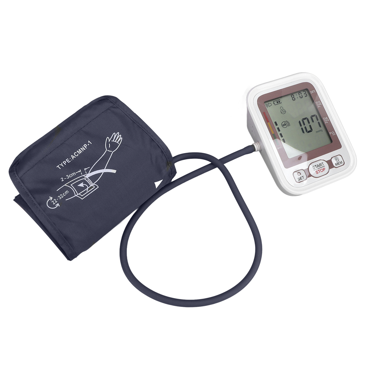 Ein Blutdruckmessgerät mit Armmanschette und Digitalanzeige mit Messwerten.
