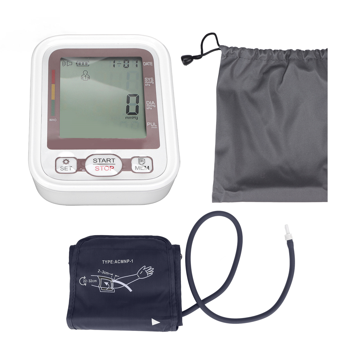 Blutdruckmessgerät, Manschette und Beutel. Weißer Monitor mit Display, schwarze Manschette und grauer Beutel.