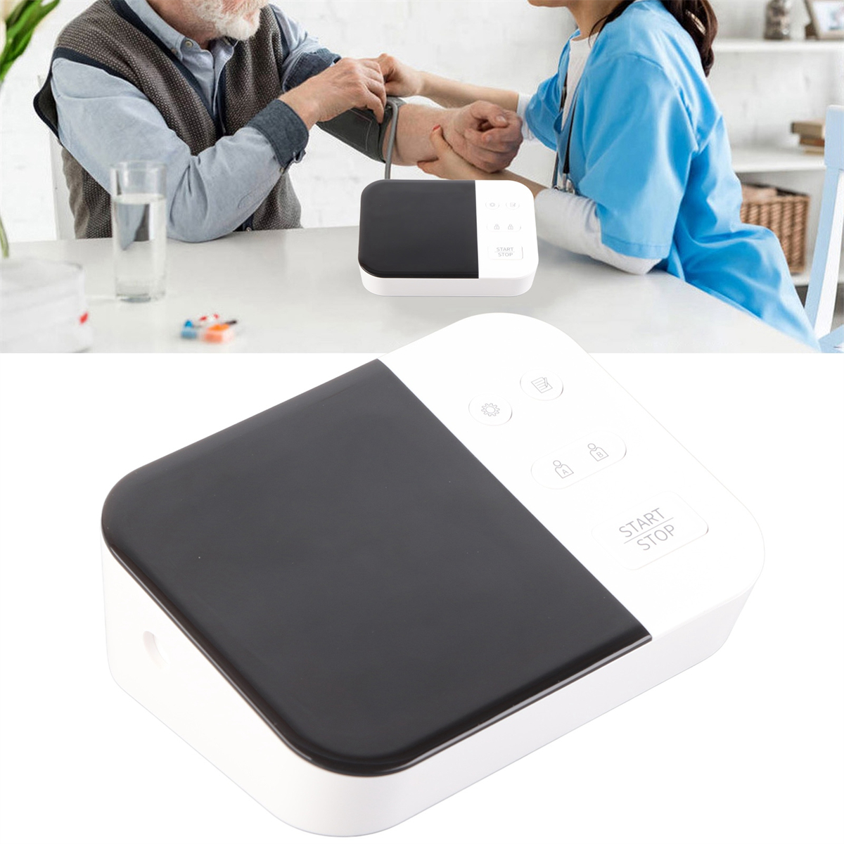 Eine Krankenschwester misst den Blutdruck eines älteren Mannes. Auf dem Tisch steht ein schwarz-weißes Blutdruckmessgerät.