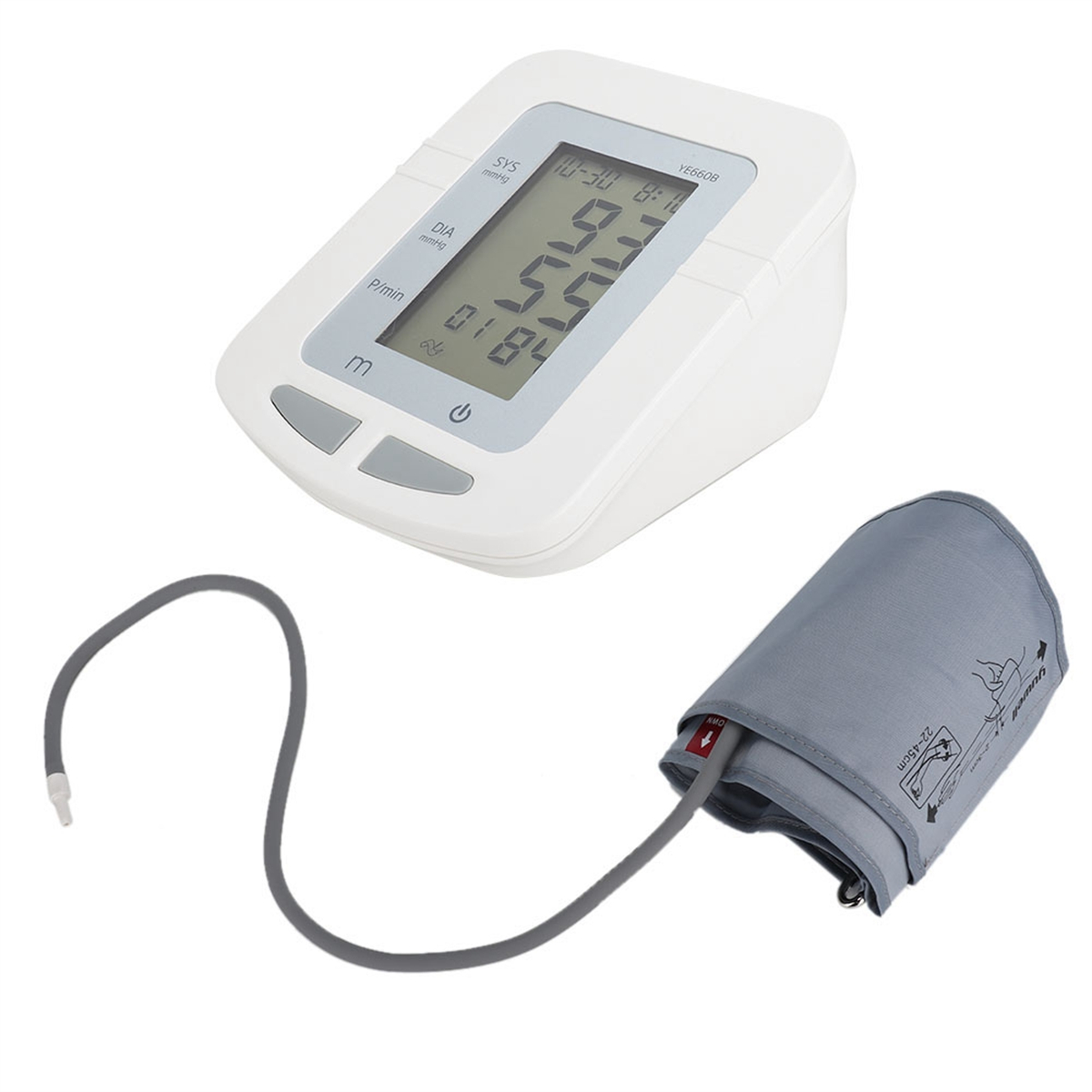 Blutdruckmessgerät mit Manschette und Display mit Zahlen.