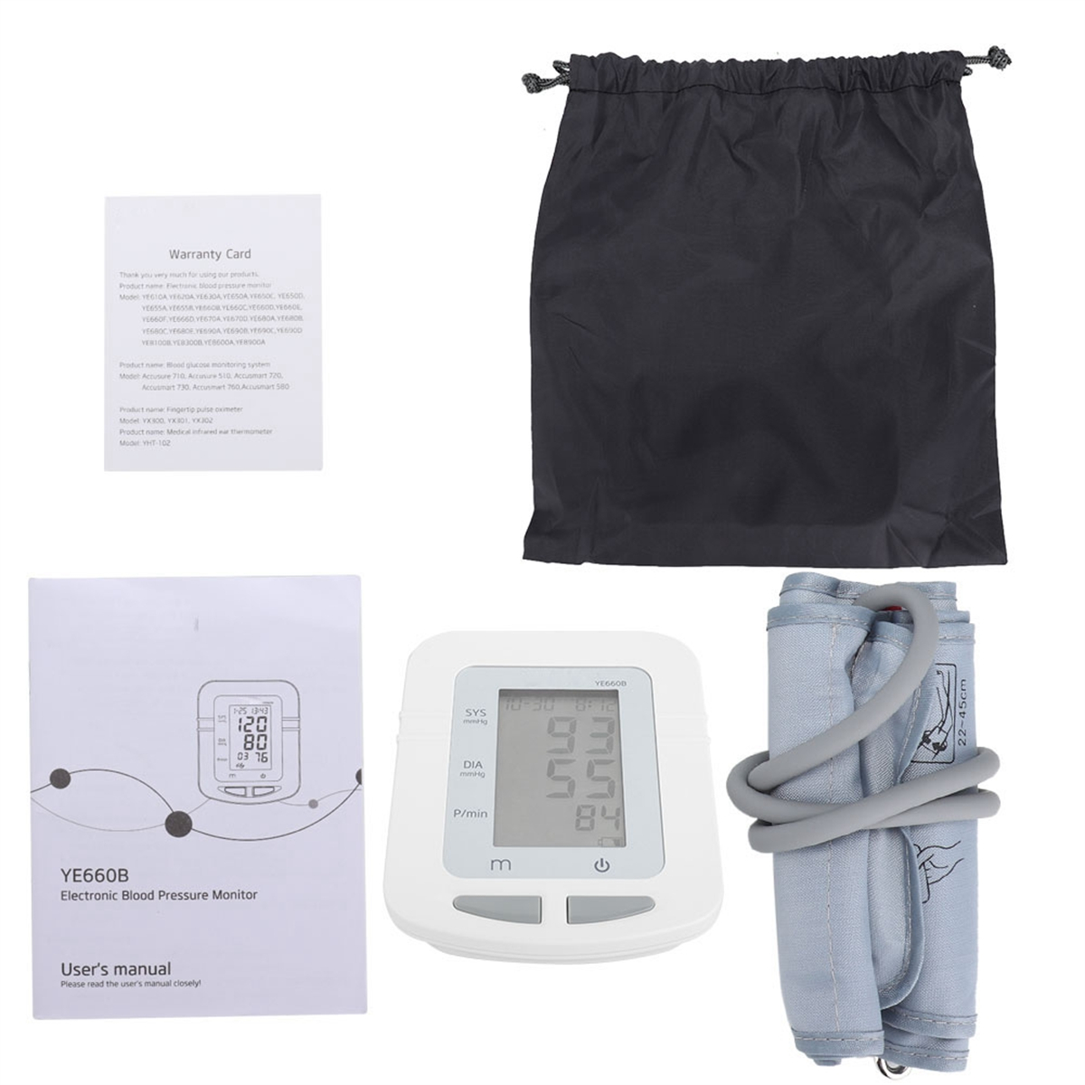 Blutdruckmessgerät-Set: Monitor, Benutzerhandbuch, Garantiekarte und Armmanschette in einer Tasche.