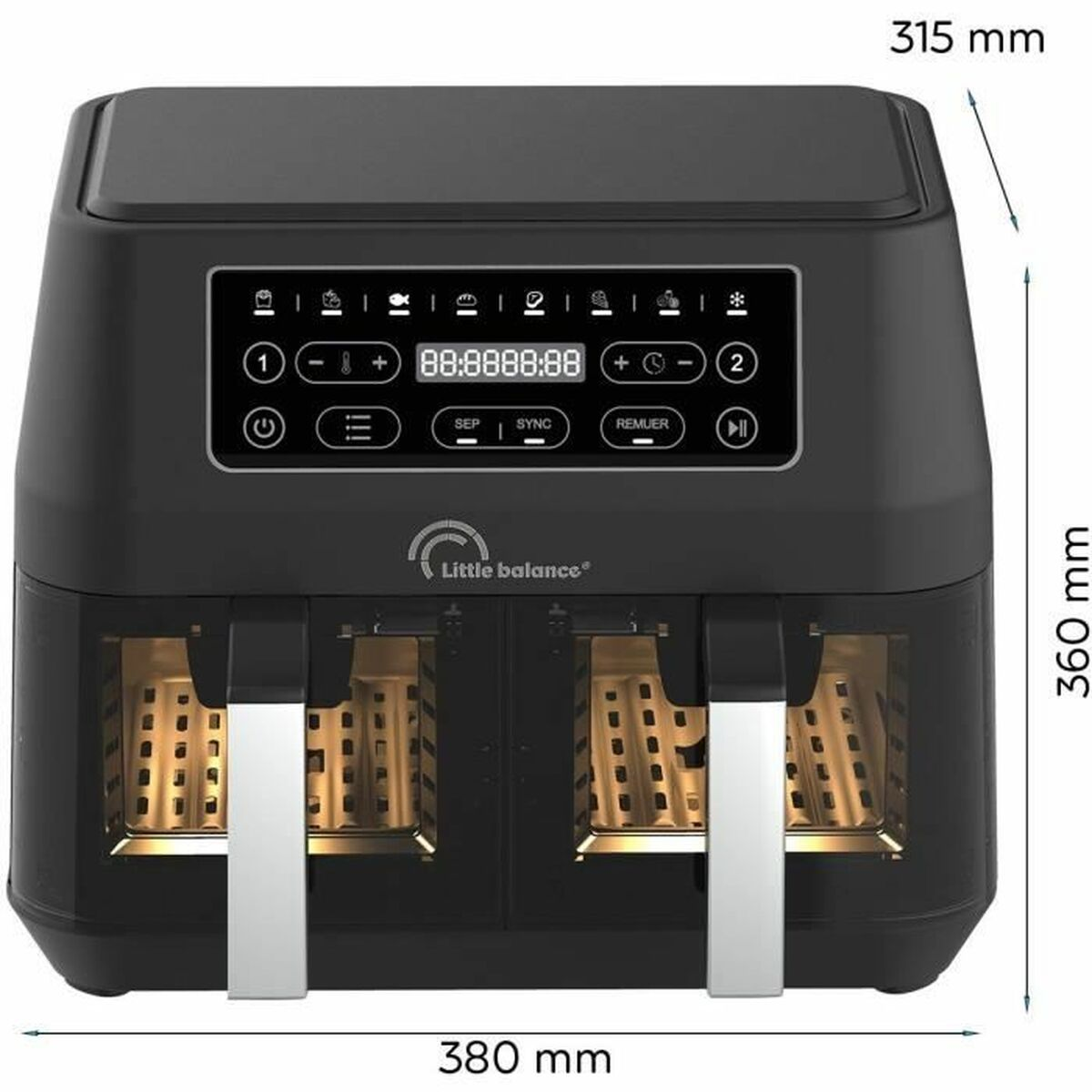Friggitrice ad aria nera con display digitale, pulsanti e dimensioni in mm. Dimensioni: 380x360x315 mm.
