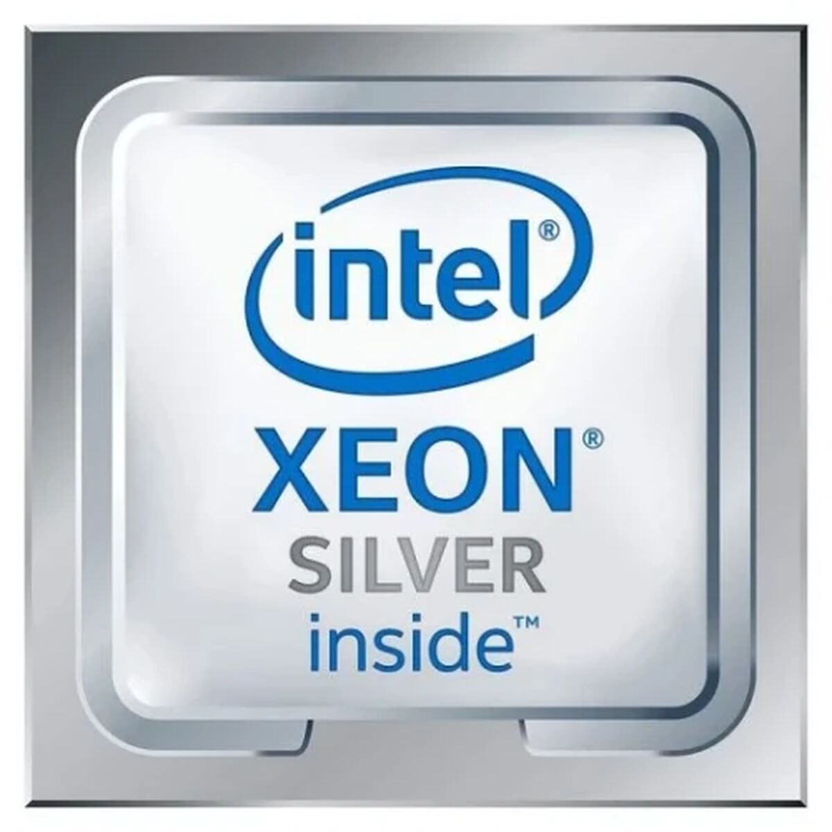 Procesor Intel Xeon Silver. Srebrny kwadrat z logo Intel i Xeon.