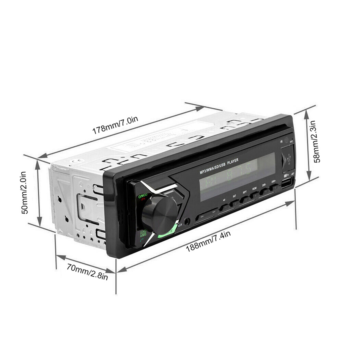 Autoradio mit Abmessungen, mit Display und Bedienknöpfen.