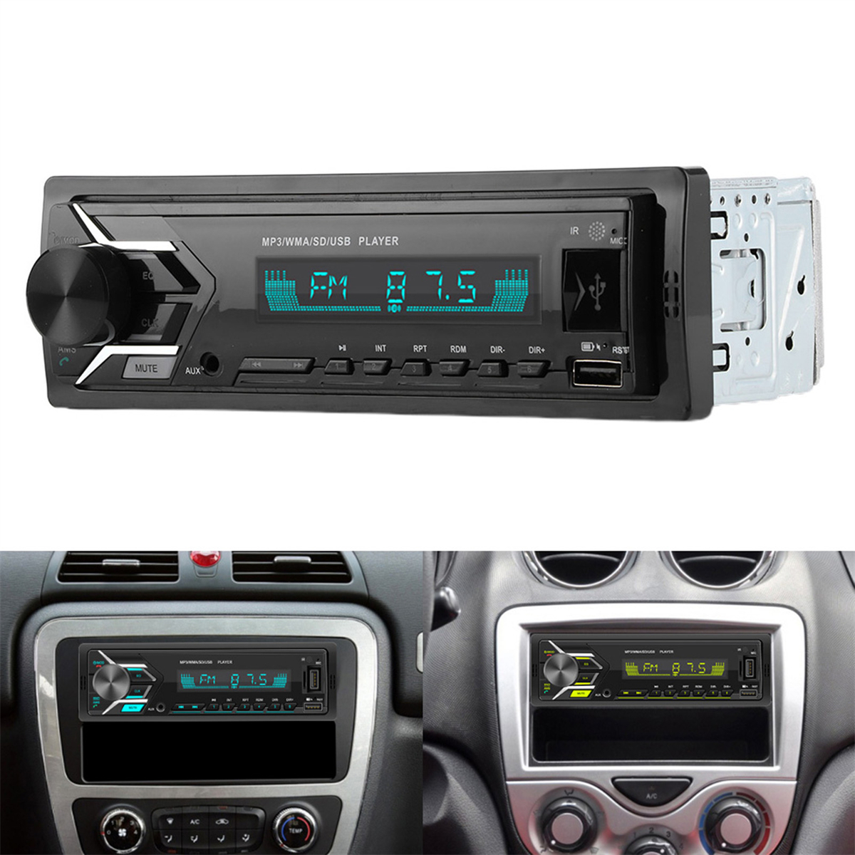 Autoradio mit einem Bildschirm, der 87,5 FM anzeigt. Zwei weitere Radios werden unten angezeigt.