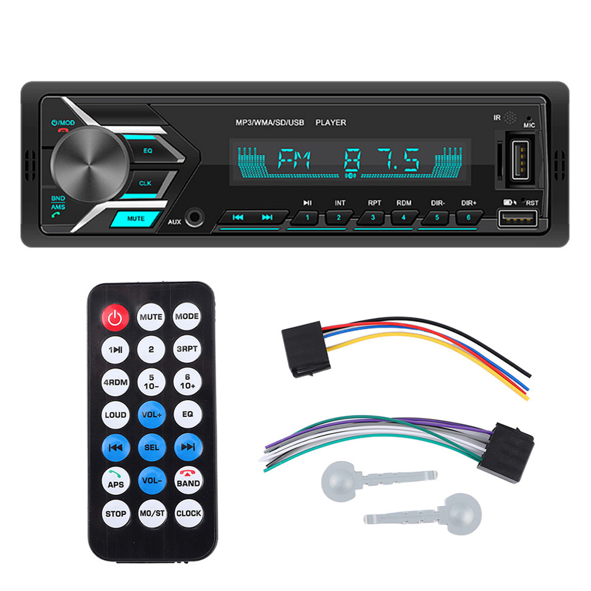 Ein Autoradio mit Display, Knöpfen, Fernbedienung und Verdrahtungskomponenten.