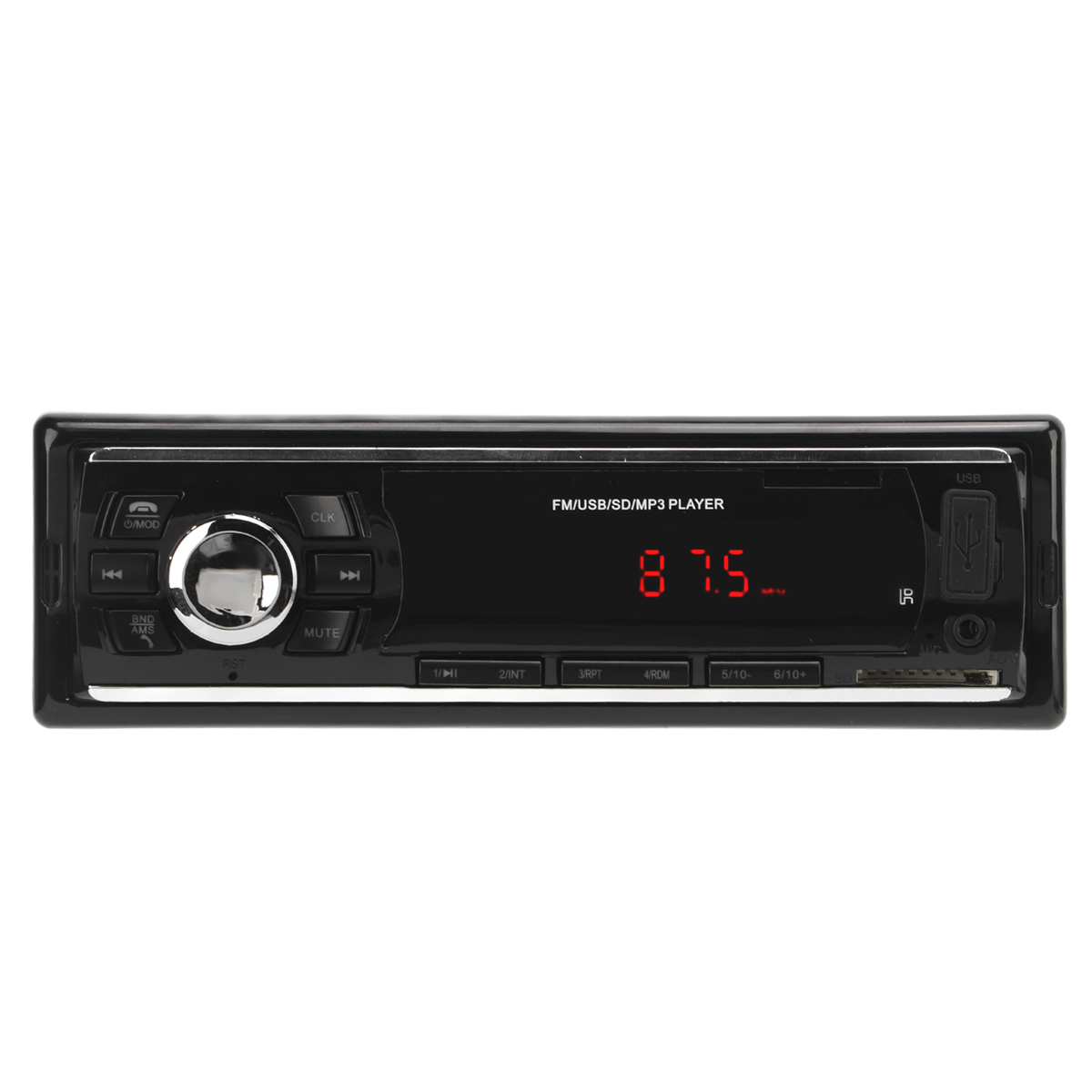 Schwarzes Autoradio, Anzeige von 87,5 FM mit Tasten für verschiedene Funktionen und einem USB-Anschluss.