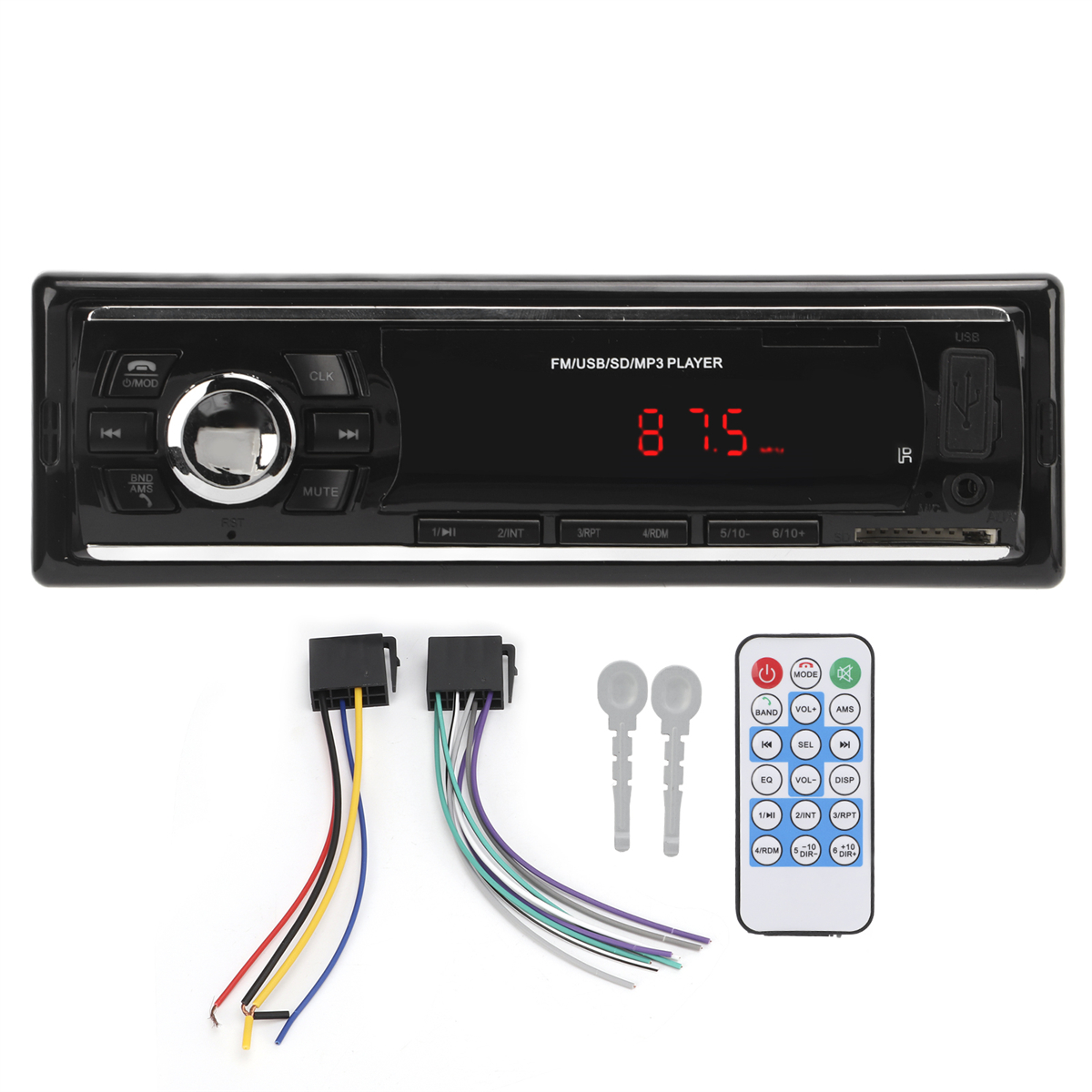Schwarzes Autoradio mit Digitalanzeige, verschiedenen Tasten und Fernbedienung sowie Anschlüssen.