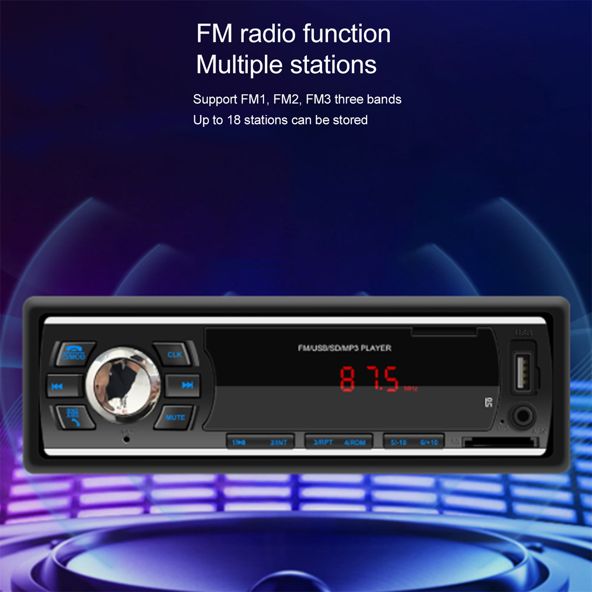Ein Autoradio mit Display und Knöpfen. Es zeigt die Radiofrequenz 87,5 an.